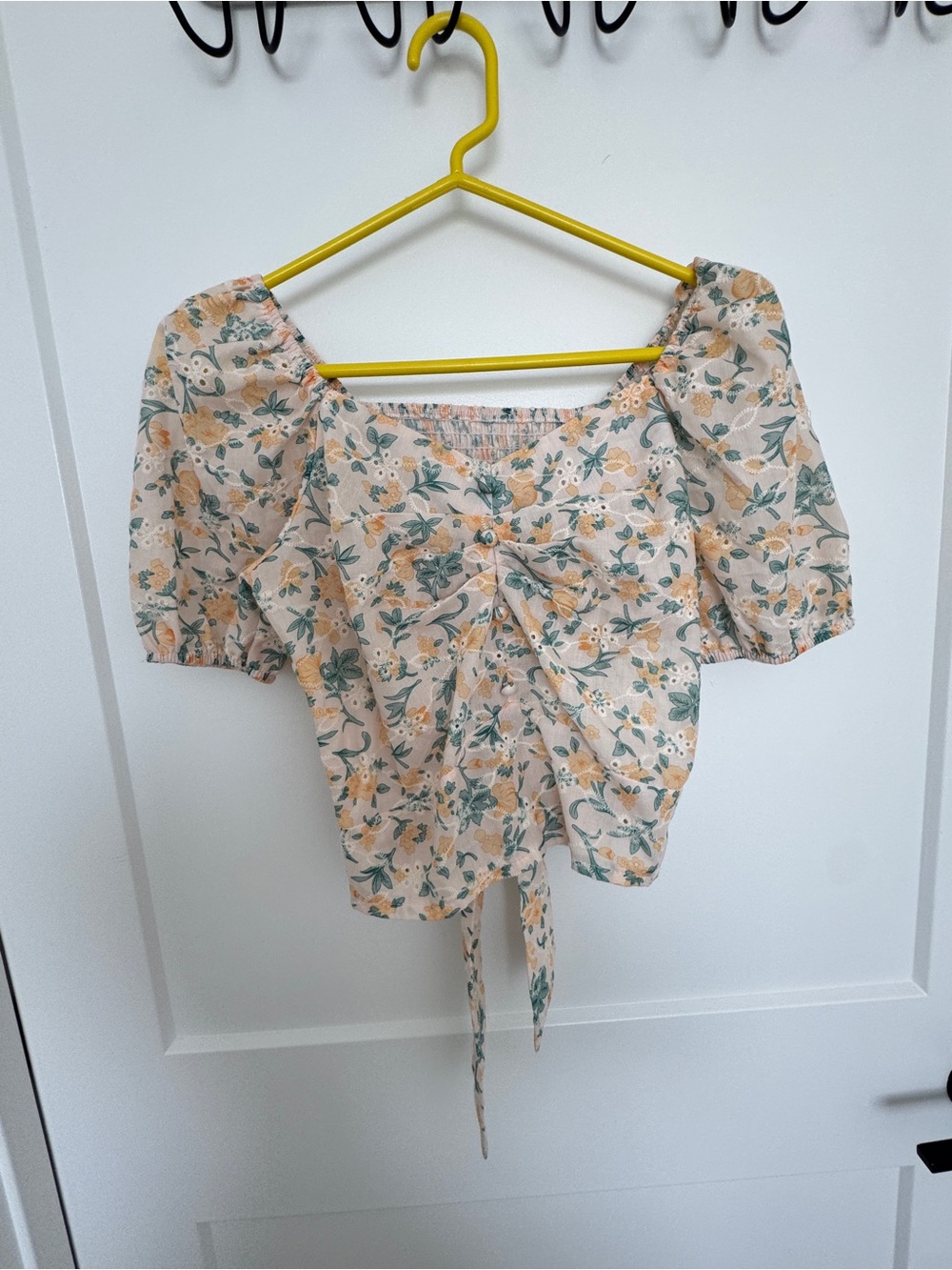 Floral Peach Puff Sleeve Tie-Front Top